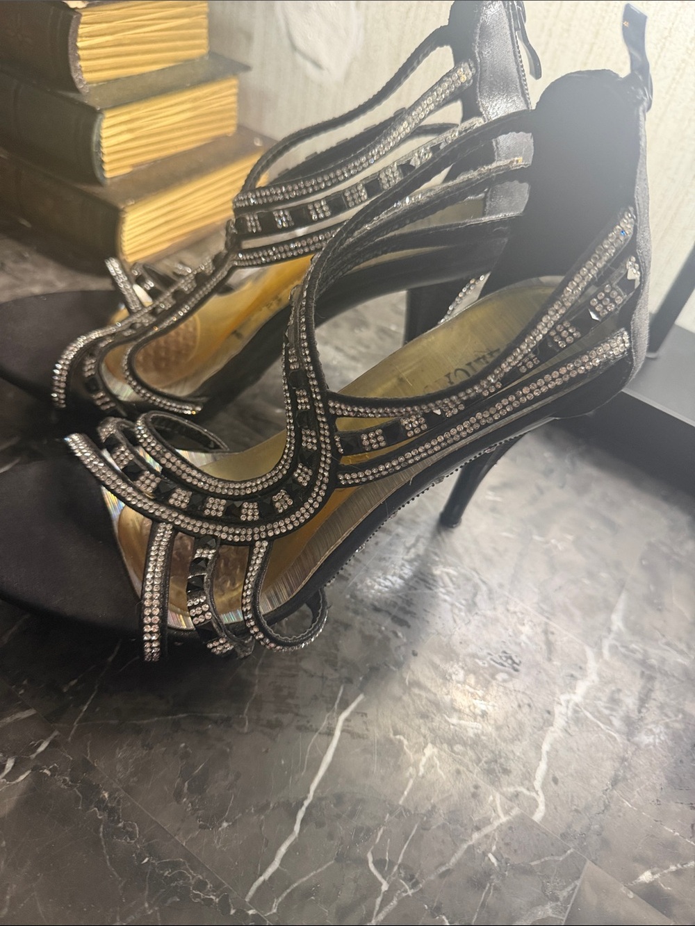 Embellished Black Strappy High Heel Sandals